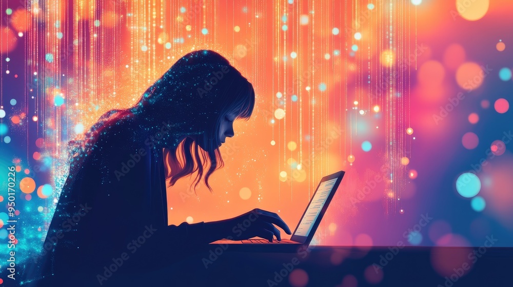 Poster a woman working on her laptop and smartphone, surrounded by virtual data streams, representing onlin