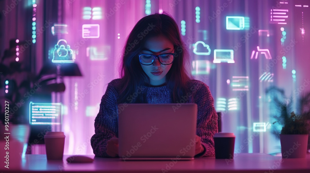Poster a woman using a mobile smartphone while browsing the internet, with a laptop open in front of her on