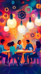 Illustration of diverse people sitting around a table, working together on a project with gears and abstract shapes in the background representing innovation, a business team work concept