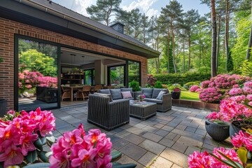 Sunny Modern Country House Terrace in Germany with Blooming Flowers, Garden Furniture, and Large Windows