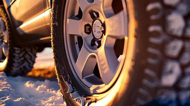 A close-up of a rugged tire on a four-wheel drive vehicle amidst a snowy landscape. tire's deep treads ensure optimal traction, embodying winter adventure and off-road capability.