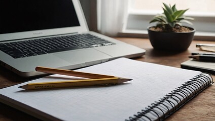 Clean workspace featuring a notebook and pencil placed diagonally, ready for ideas.