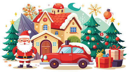 Fototapeta premium Vintage Christmas and New Year. Winter nature with house, Christmas tree in cozy home and red retro car for greeting card, Vector illustration of Santa Claus, cover or poster
