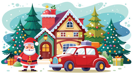 Naklejka premium Vintage Christmas and New Year. Winter nature with house, Christmas tree in cozy home and red retro car for greeting card, Vector illustration of Santa Claus, cover or poster