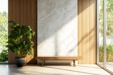Minimalist interior design of wood and stone in a modern hallway with a large window