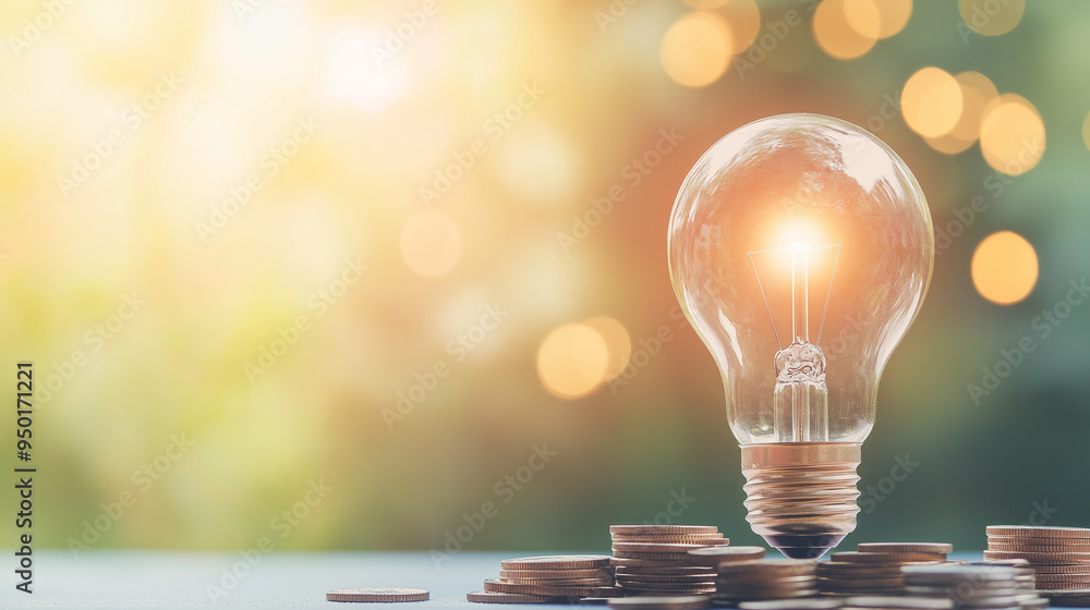Poster a light bulb glowing warmly with a lens flare effect, surrounded by scattered coins. the background 