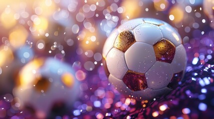 Fototapeta premium Single soccer ball amidst glittery and colorful bokeh.