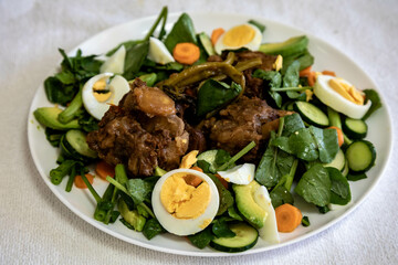 Beef oxtail cooked with watercress and served with salad. Hearty and nutritious low carb food