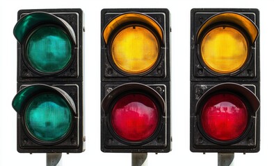 Cut-out of three vertical traffic lights that display red, yellow, and green signals