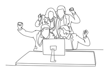 Single continuous line drawing group of marketing team celebrating and hugging each other for their successful goal achievement. Work celebration concept. One line graphic design vector illustration