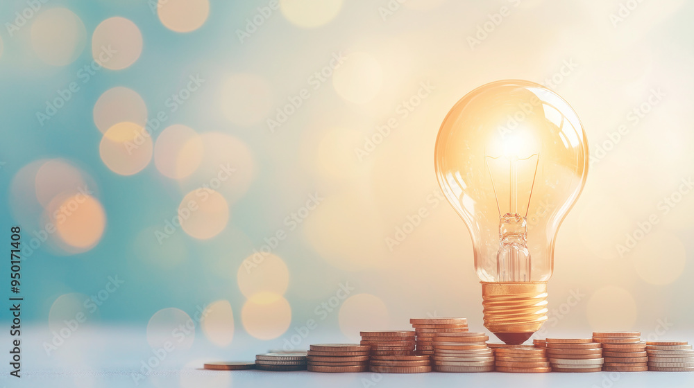Poster a light bulb glowing warmly with a lens flare effect, surrounded by scattered coins. the background 