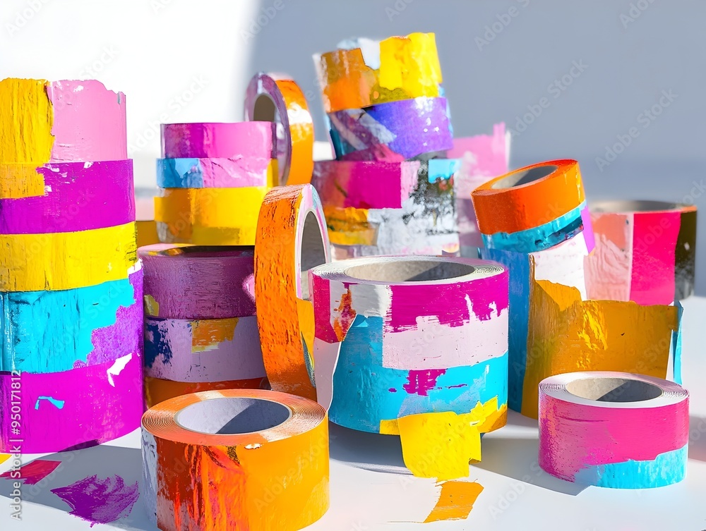 Poster vibrant abstract geometric compositions with colorful tape and glue on white background