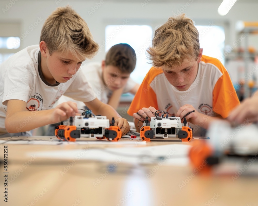 Leinwandbilder young boys engaged in hands-on robotics project in a modern classroom setting, emphasizing teamwork 