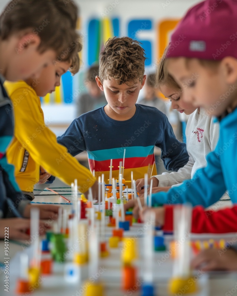 Poster Diverse Group of Elementary Students Collaborating on a Science Project in a Vibrant Classroom During the Day