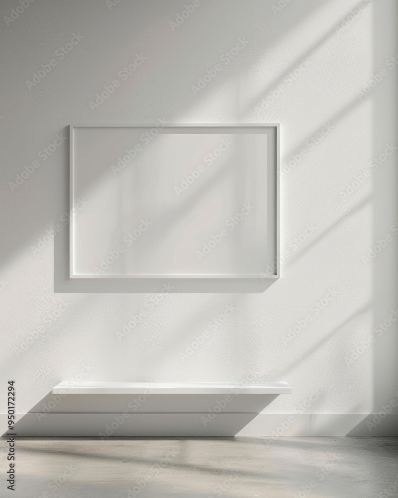 Poster Minimalist Indoor Wall Mockup with Soft Diffused Lighting and Empty Frame – A Serene Pastel White Setting