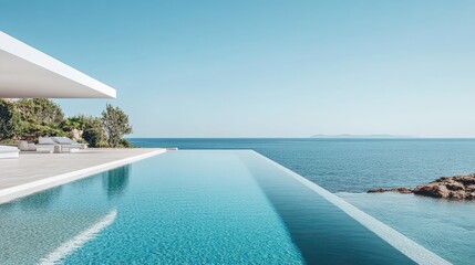 Obraz premium An elegant white villa with an infinity pool facing the Mediterranean Sea, with a clear blue sky enhancing the tranquil setting.