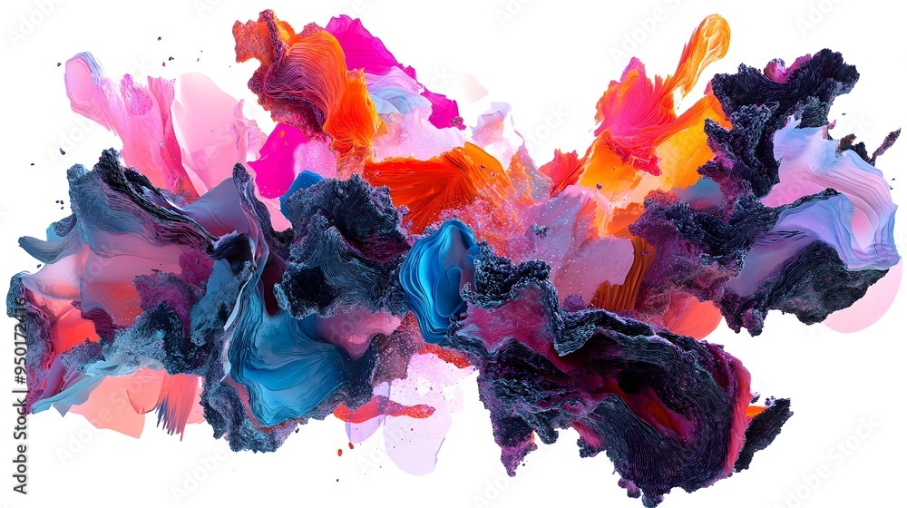 Poster vibrant abstract textural overlapping fragments and layered expressionistic forms on isolated backgr