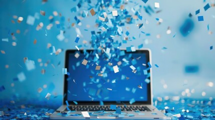 Laptop in striking blue background with confetti rain