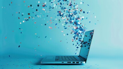 Side-view laptop with artistic confetti and light burst.