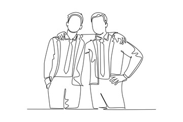 Single continuous line drawing of two young happy businessmen at the office standing together and posing to hug each other. Business partner concept. One line draw graphic design vector illustration