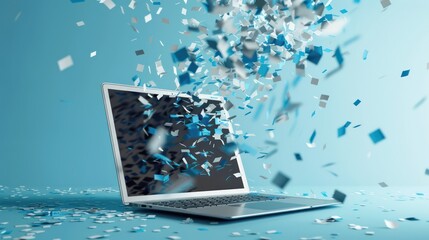Laptop with blue and white confetti in digital celebration