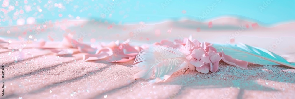 Poster soft pink sandy surface for product display with delicate decorations in a surreal desert setting, f