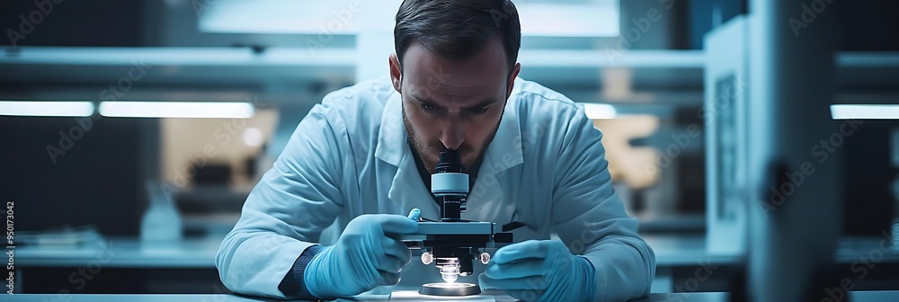 Poster focused scientist using microscope in laboratory photo