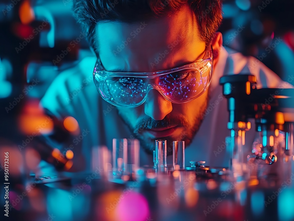 Aufkleber focused scientist in laboratory with goggles and microscope - realistic image