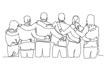 Single one line drawing back view of group men and woman from multi ethnic standing together to show their friendship bonding. Unity in diversity. Continuous line design graphic vector illustration