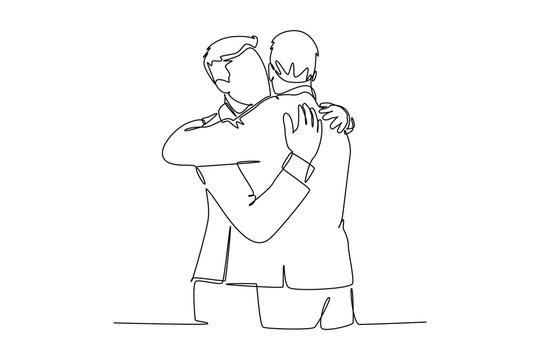 Single one line drawing young happy managers embracing each other to congratulate job promotion at office. Felicitation friend greeting. Modern continuous line draw design graphic vector illustration