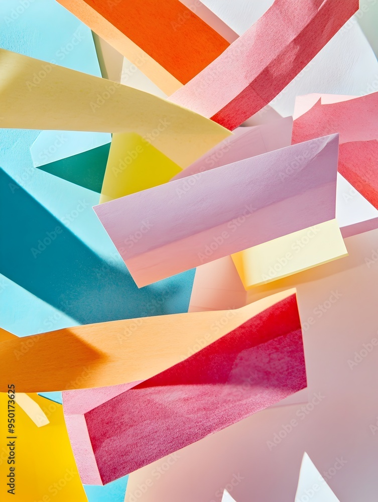 Poster vibrant and whimsical abstraction of colorful sticky note layers on white background
