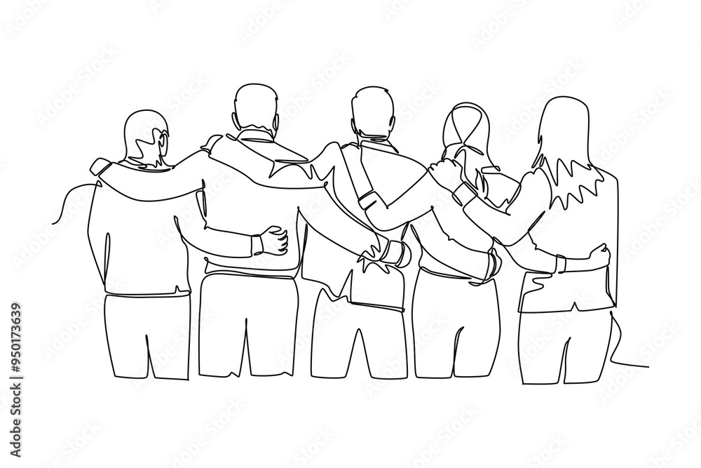 Aufkleber single one line drawing back view of group men and woman from multi ethnic standing and hugging toge