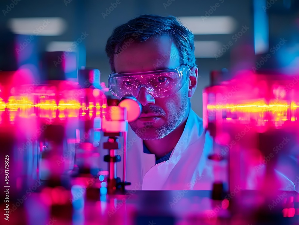 Poster focused scientist in a lab setting - realistic photo