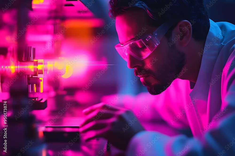 Poster focused scientist in a lab with neon lights - realistic image