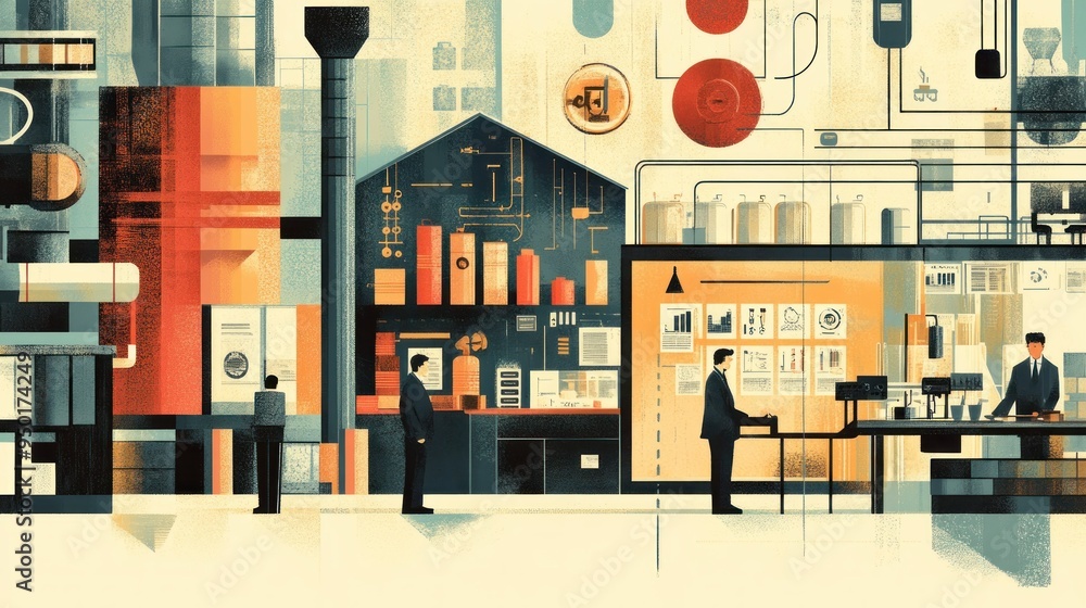 Poster abstract geometric office interior with figures and data visualizations