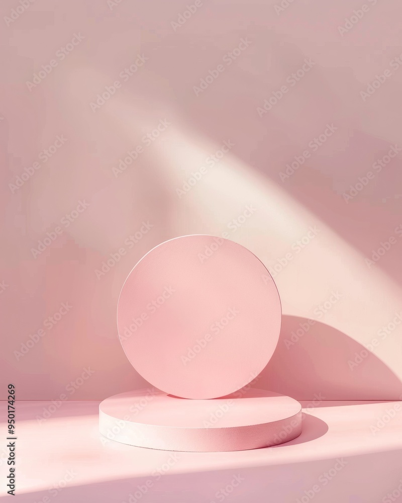 Poster Minimalist Mockup of Soft Pink Circular Podium on Pastel Background with Gentle Shadows in Diffused Lighting