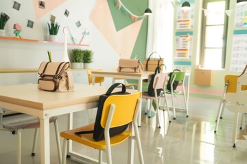 A classroom with a lot of yellow chairs and tables. The chairs are arranged in rows and the tables are empty