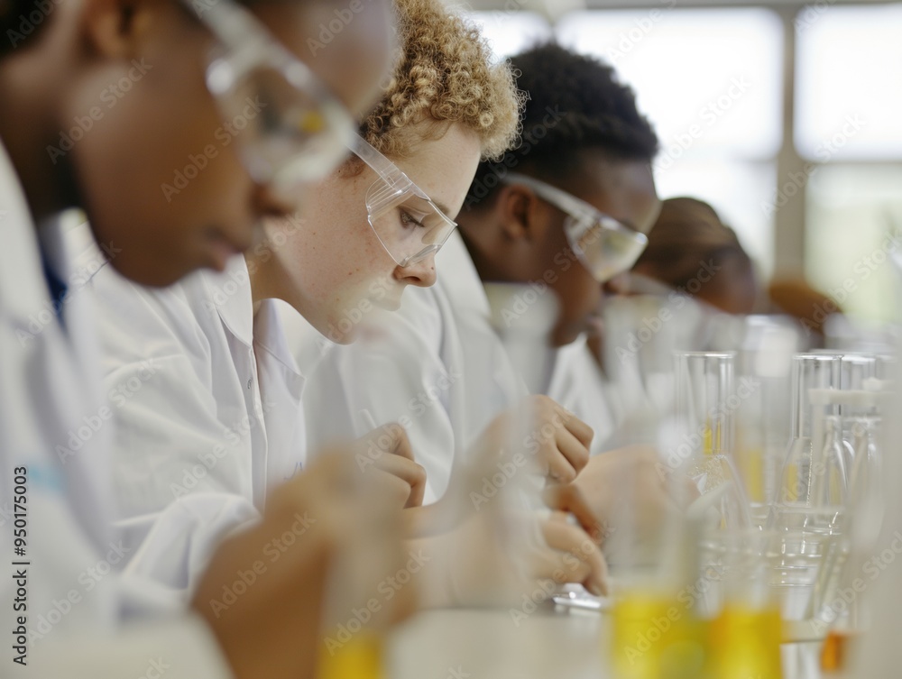 Poster diverse group of teenagers in science lab conducting experiments and recording observations - hands-