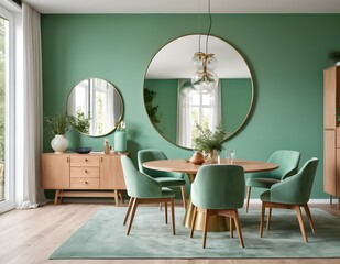 Elegant green dining room featuring a round wooden table, green chairs, and stylish decor
