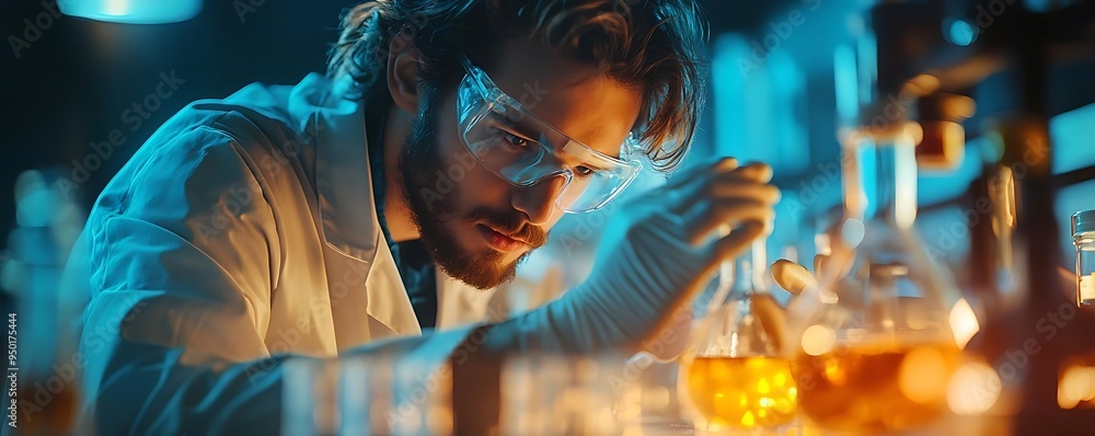 Poster focused scientist in lab conducting experiment with beaker and gloves - realistic photo