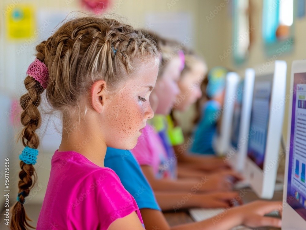 Fototapete Engaged Young Students Learning Computer Programming with Teacher Guidance in a Bright Classroom Setting