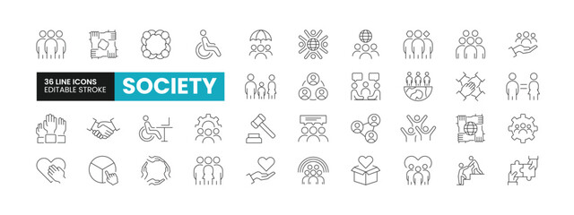 Set of 36 Society and Community line icons set. Society outline icons with editable stroke collection. Includes Team, Collaboration, Diversity, Empathy, Gender Equality, and More.	
