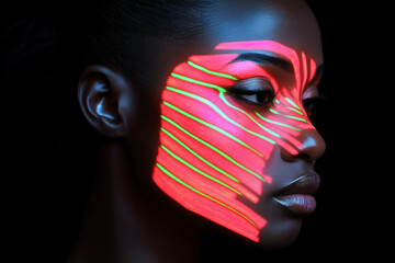 Profile of Woman with Neon Face Art in Dark Light
