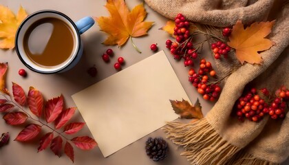 Cozy Autumn Vibes - top view mockup scene with white blank card, enamel mug filled with dark coffee mug, leaves and rowan. Graphic art illustration. Ai Generated