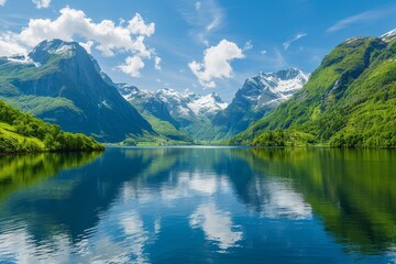 Stunning View of Norwegian Fjords with Lush Green Mountains and Reflective Lake, Showcasing Nature's Beauty in Clear Blue Skies