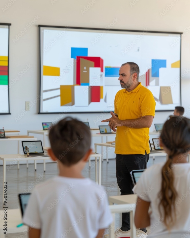 Poster Diverse Elementary Students Engaged in Interactive Learning with Teacher Guiding in Modern Technology-Integrated Classroom During Daytime