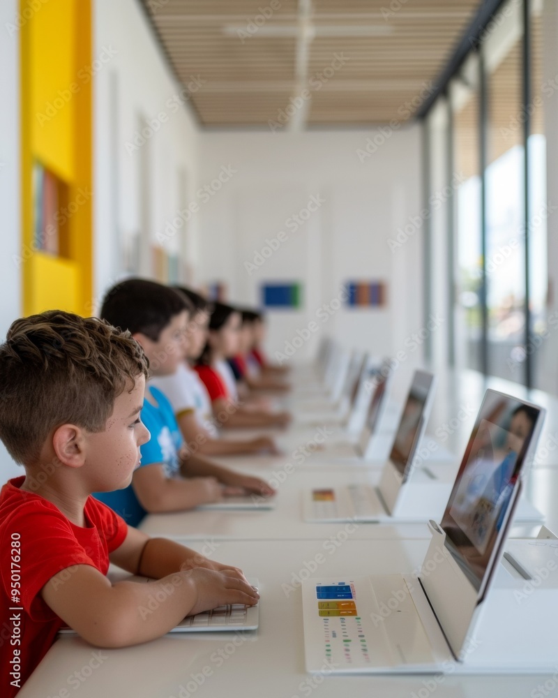Poster young diverse elementary students engaging in interactive learning with whiteboards and tablets in a