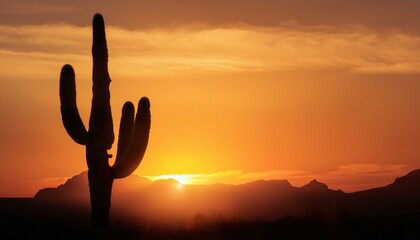 Silhouette of a Cactus and a Sun in a Desert Landscape