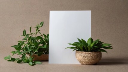 Empty paper card with green plant for mockup