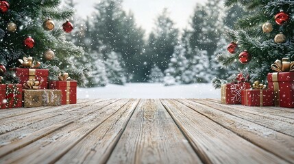 close up Christmas scene with Christmas attributes tree and gifts on the left and right sides, the central part has a lot of free space, perspective wooden floor, background snow garden, image
